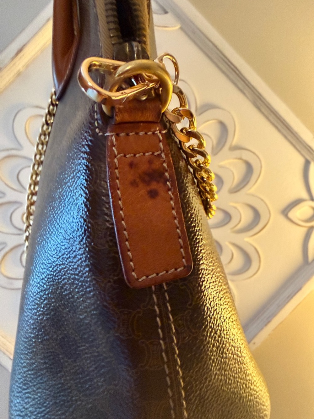 CELINE Macadam Patterned Done Satchel Handbag Vintage - Picture 8 of 14